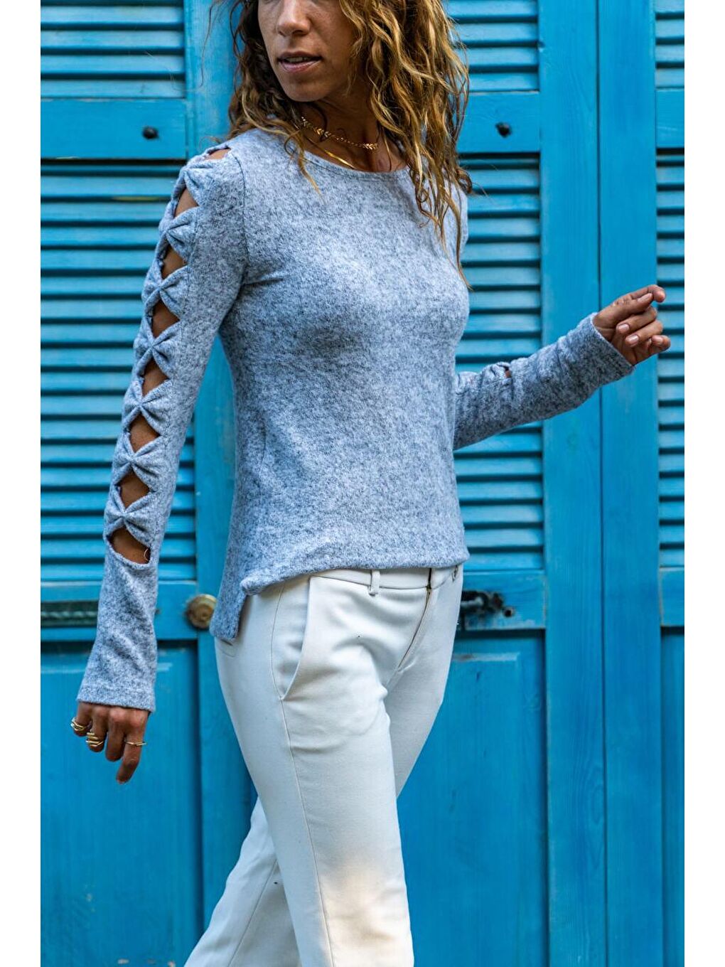 Kadın Gri Kolu Fiyonk Dekolteli Kazak GK-BST30k2455