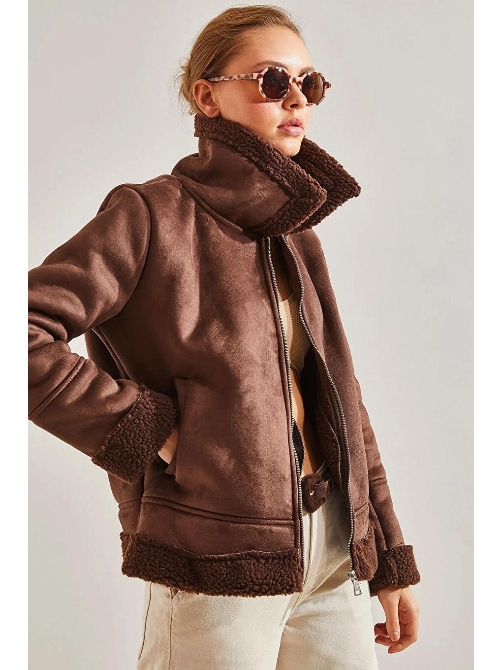 Kahverengi Kadın Süet Peluş Mont