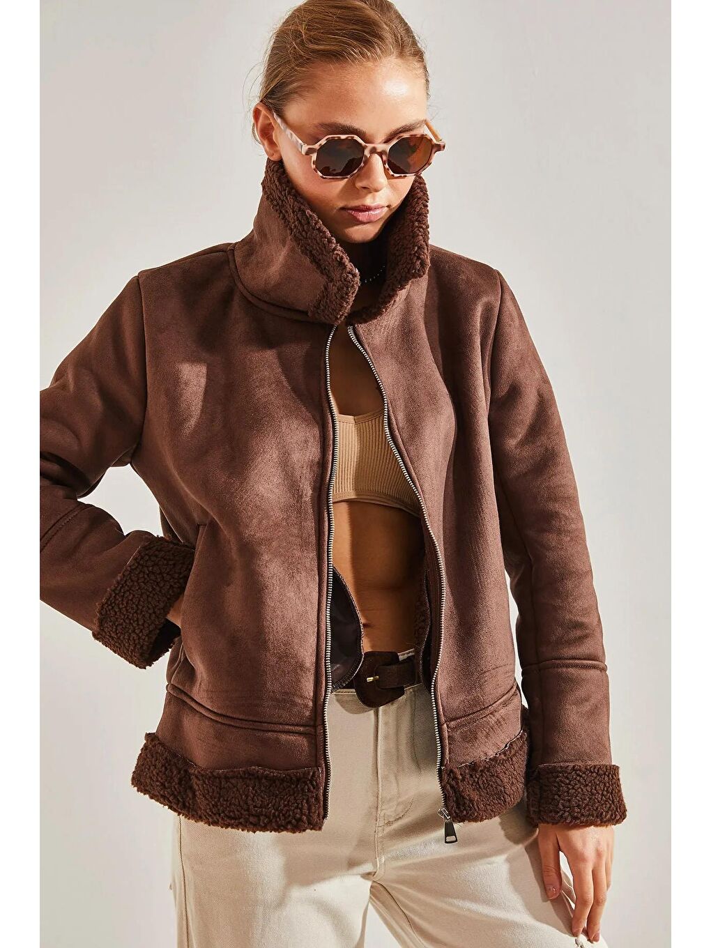 Kahverengi Kadın Süet Peluş Mont-1