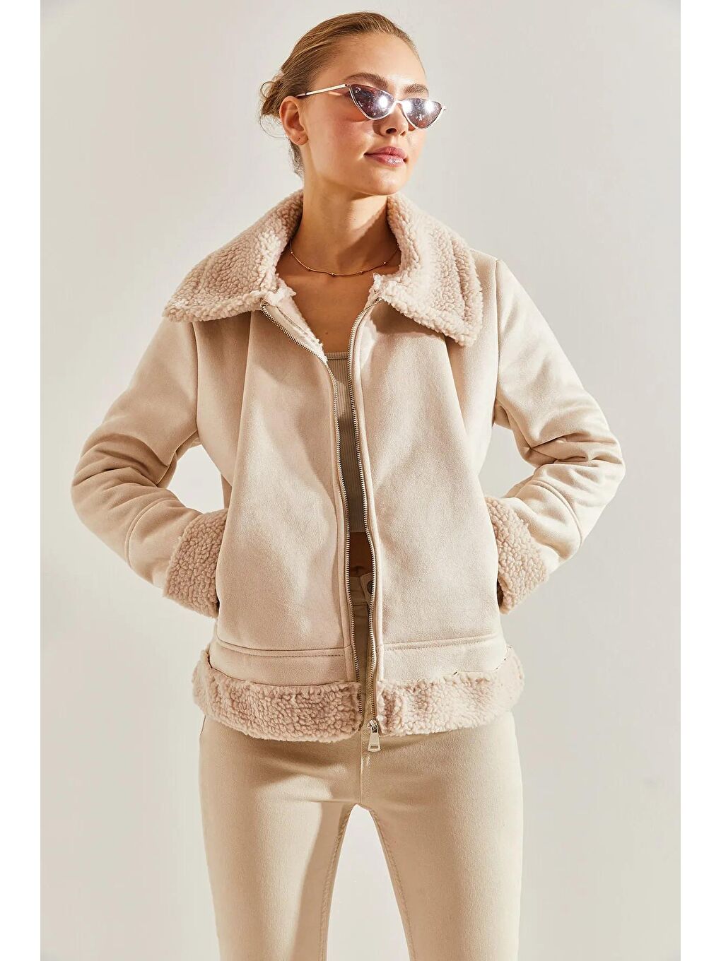 Bej Kadın Süet Peluş Mont-2