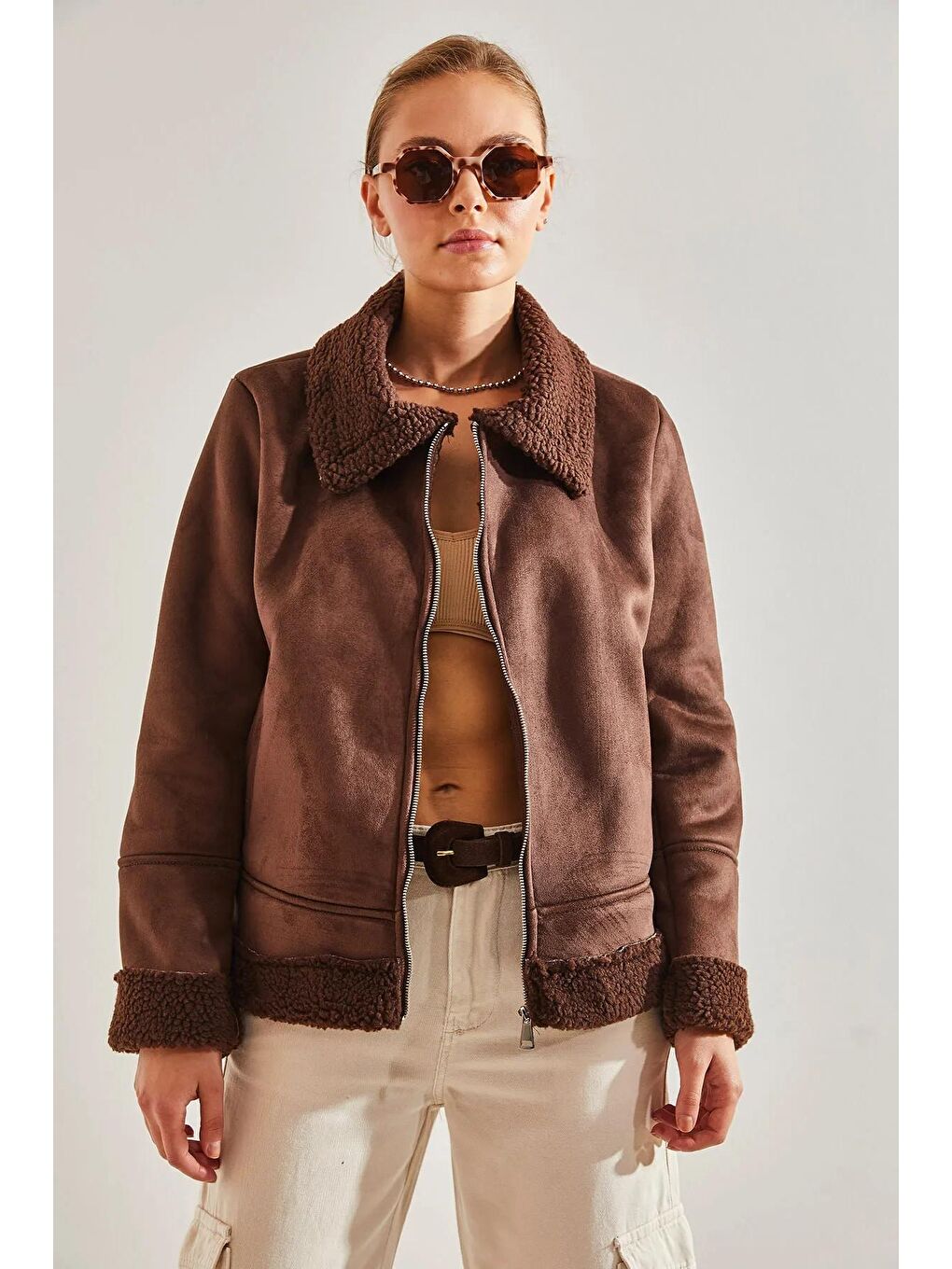 Kahverengi Kadın Süet Peluş Mont-2