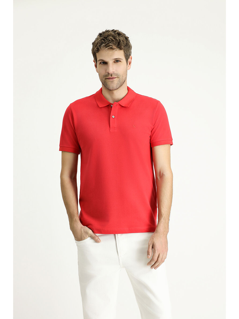 Kırmızı Slim Fit Dar Kesim Nakışlı Pamuk Polo Yaka %100 Pamuk Tişört-2