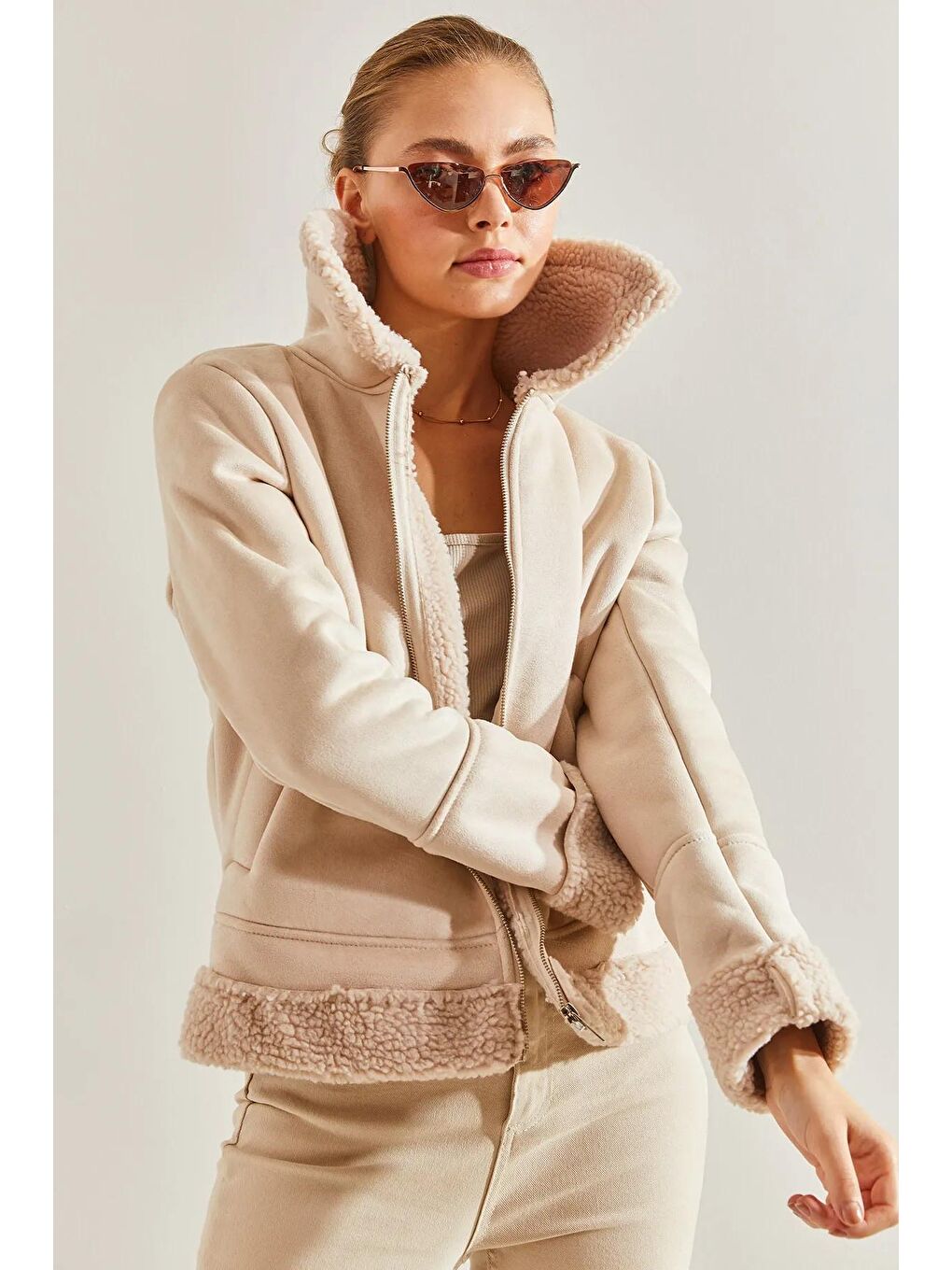 Bej Kadın Süet Peluş Mont-3