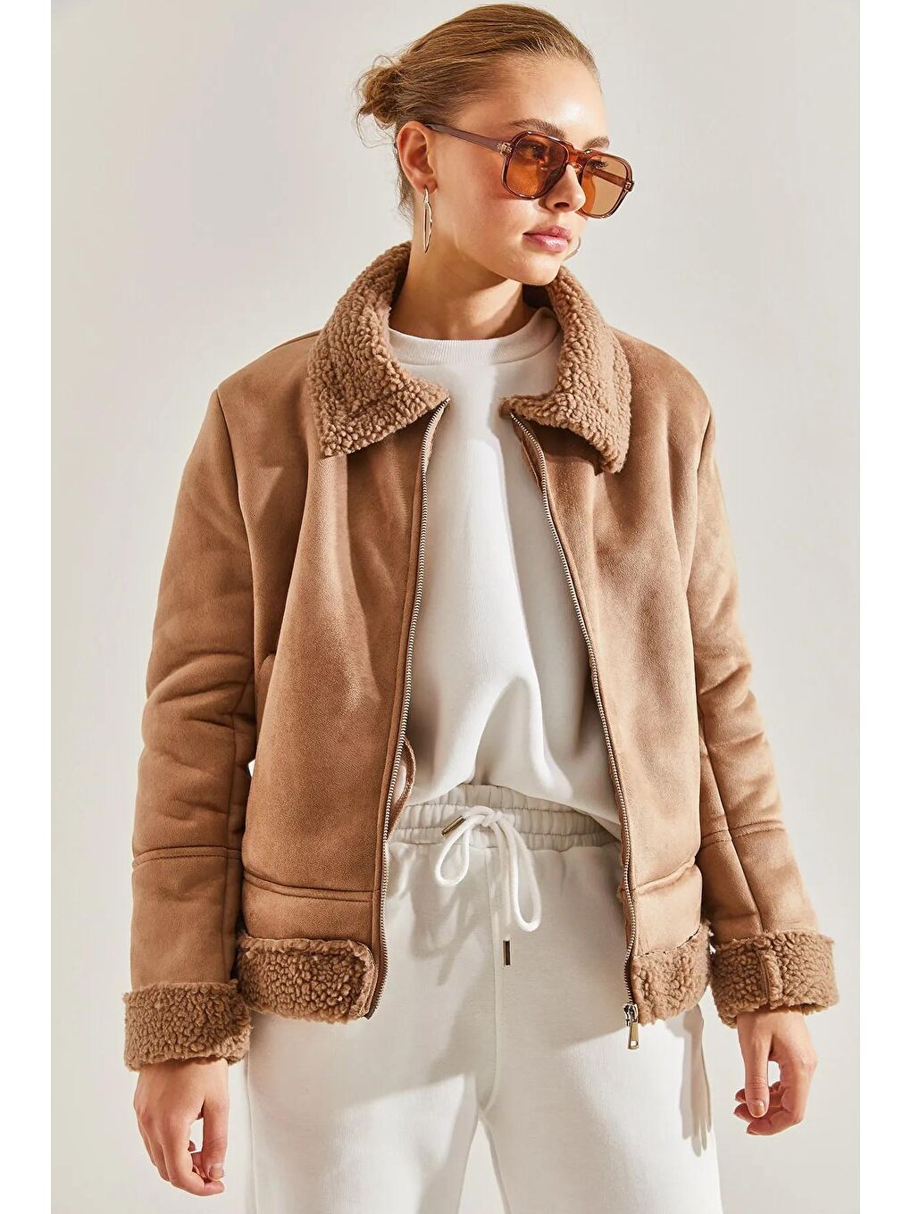 Bej Kadın Süet Peluş Mont-2