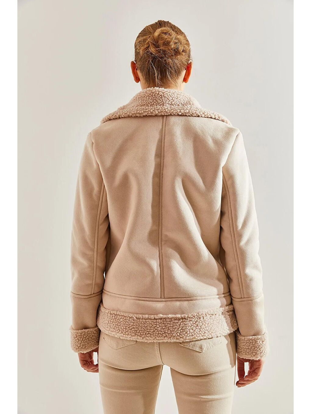 Bej Kadın Süet Peluş Mont-4