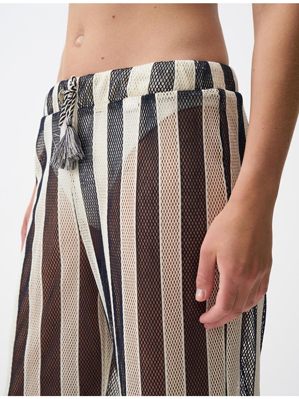 Lacivert Yüksek Bel Çizgili Ajurlu Pantolon-5