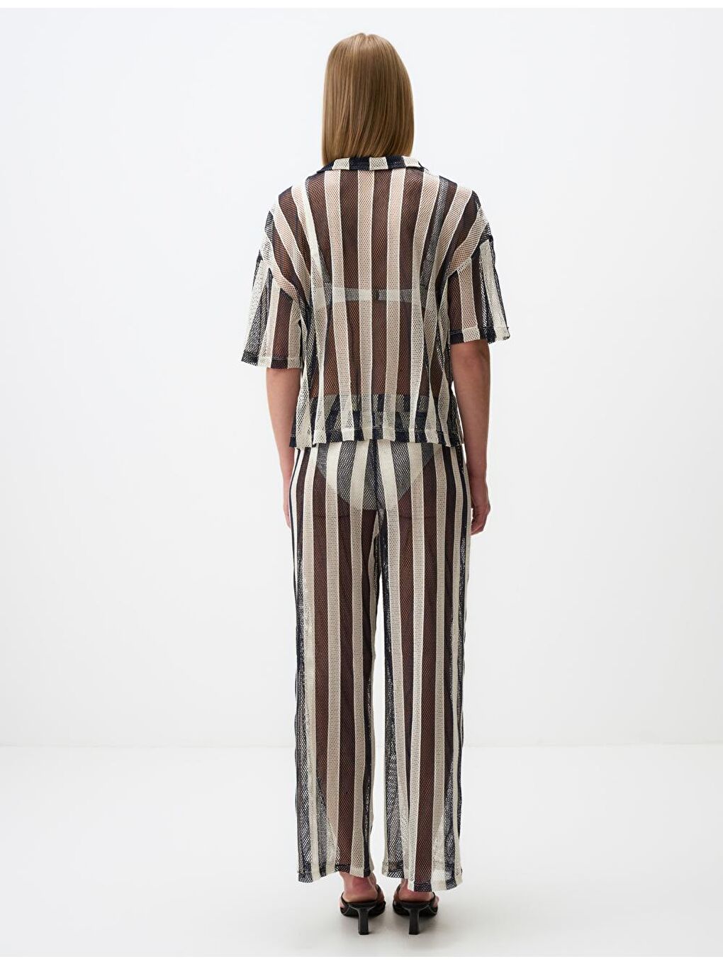 Lacivert Yüksek Bel Çizgili Ajurlu Pantolon-6