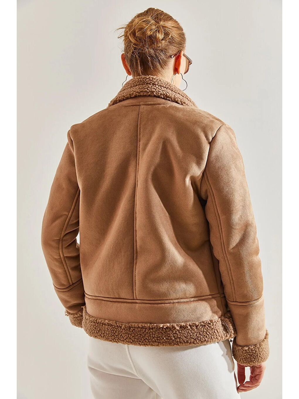 Bej Kadın Süet Peluş Mont-4