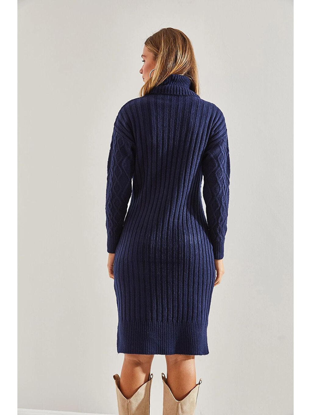 Lacivert Kadın Saç Örgülü Balıkçı Yaka Triko Elbise-1