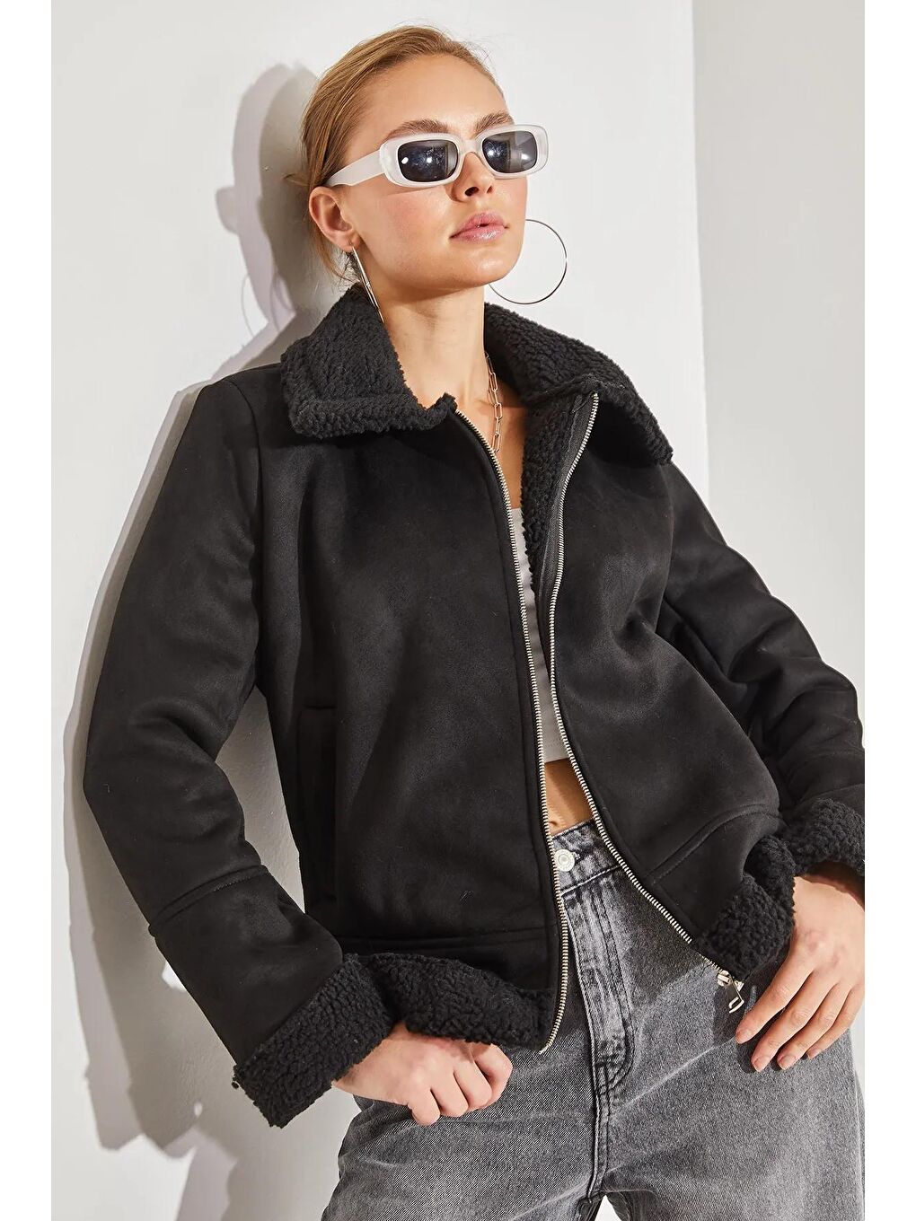 Siyah Kadın Süet Peluş Mont-1