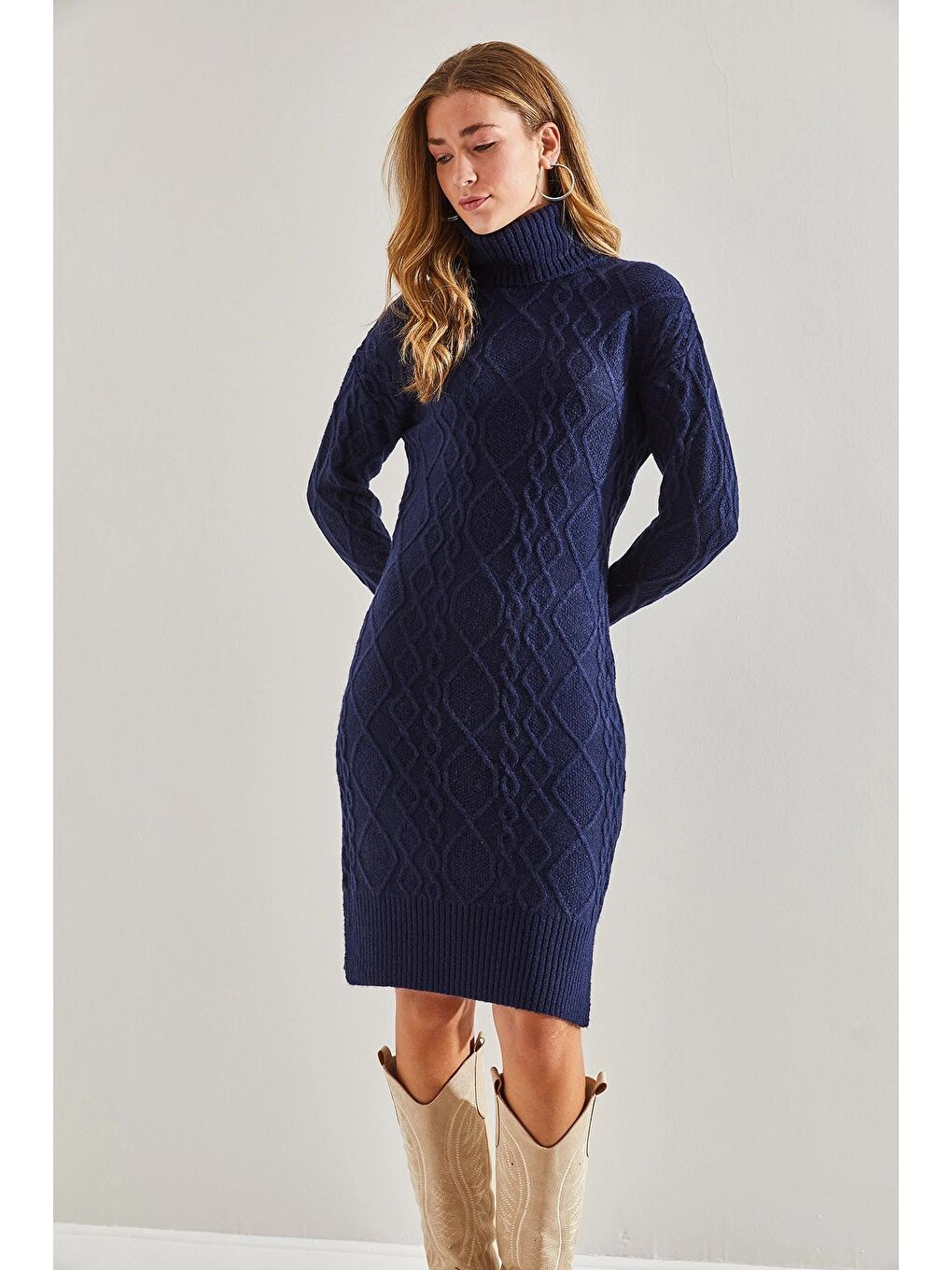 Lacivert Kadın Saç Örgülü Balıkçı Yaka Triko Elbise-2