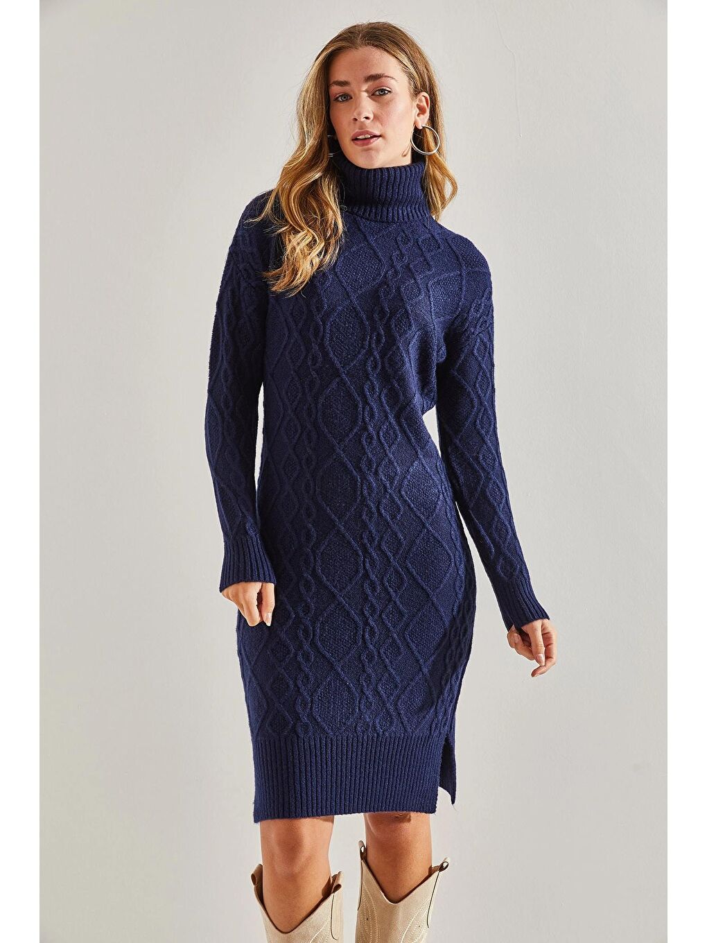 Lacivert Kadın Saç Örgülü Balıkçı Yaka Triko Elbise-3