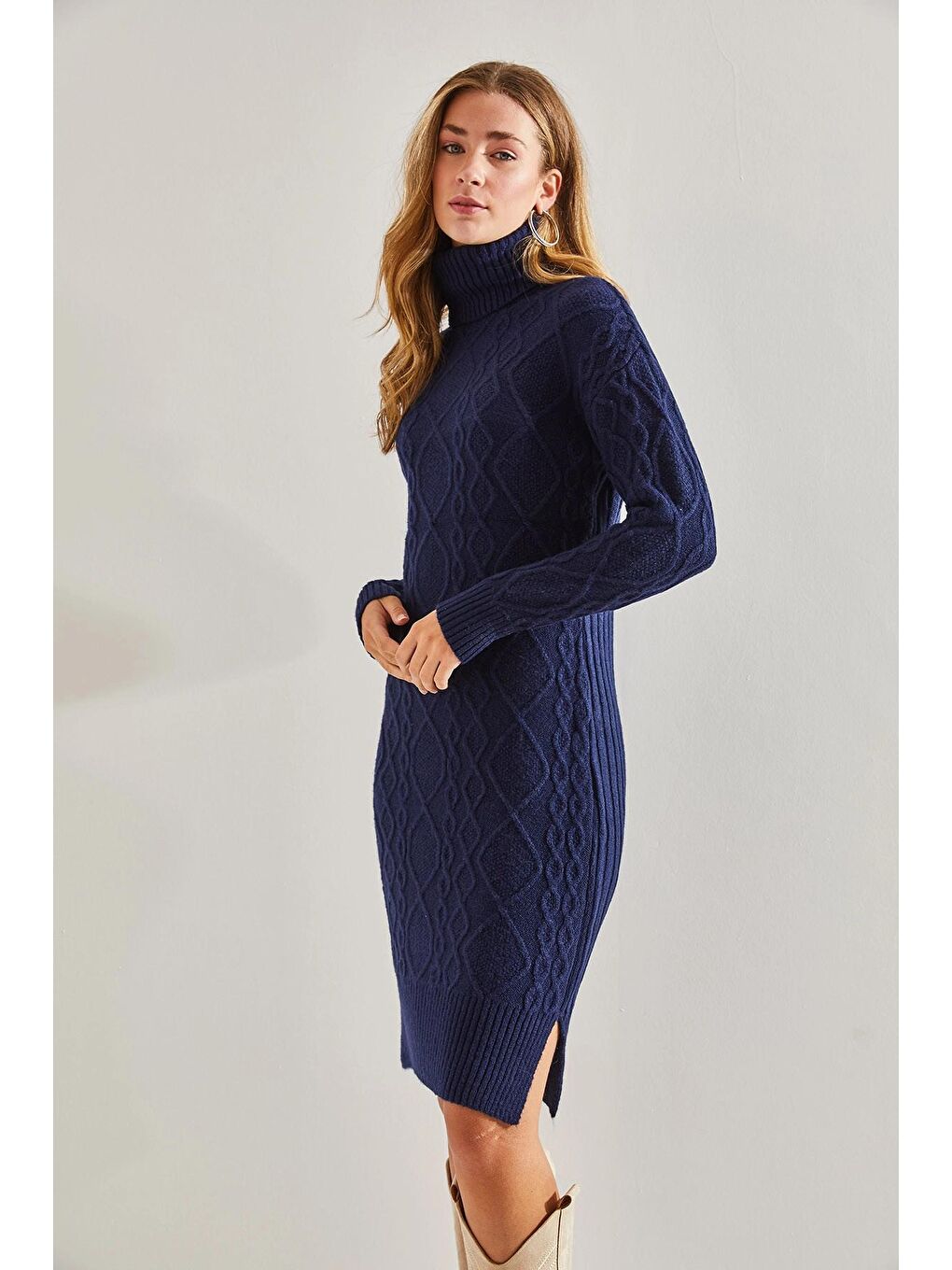 Lacivert Kadın Saç Örgülü Balıkçı Yaka Triko Elbise-4