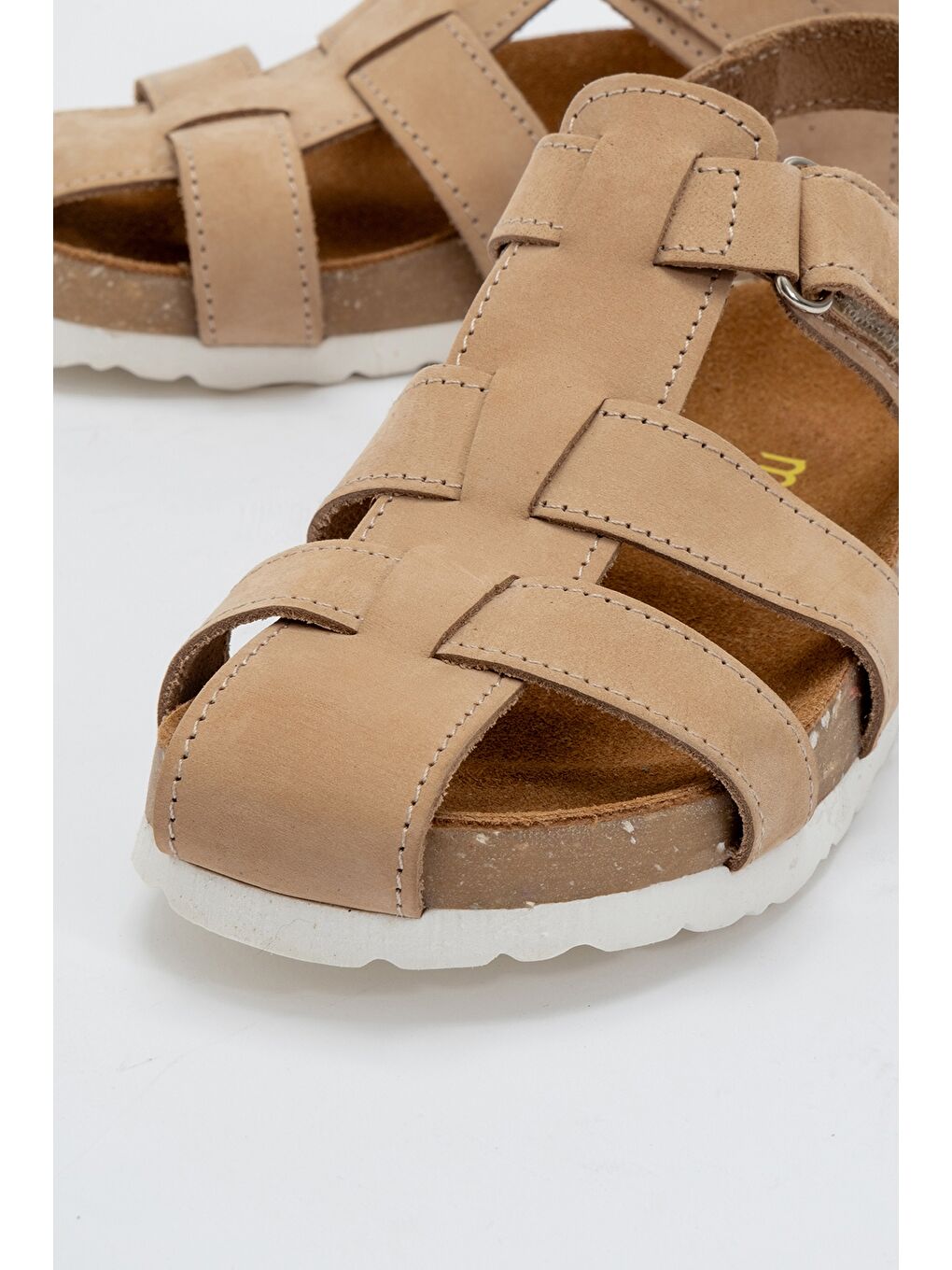 Unisex Çocuk Bej Hakiki Deri Mantar Tabanlı Günlük Çocuk Sandalet-1