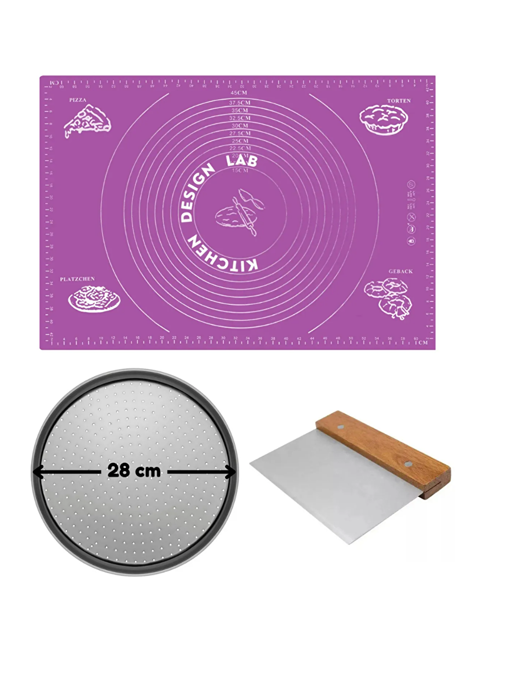 Mor Silikon Hamur Açma Matı 45 x 65 cm 28 cm Pizza Tepsisi ve Ahşap Saplı Hamur ve Pizza Kesici