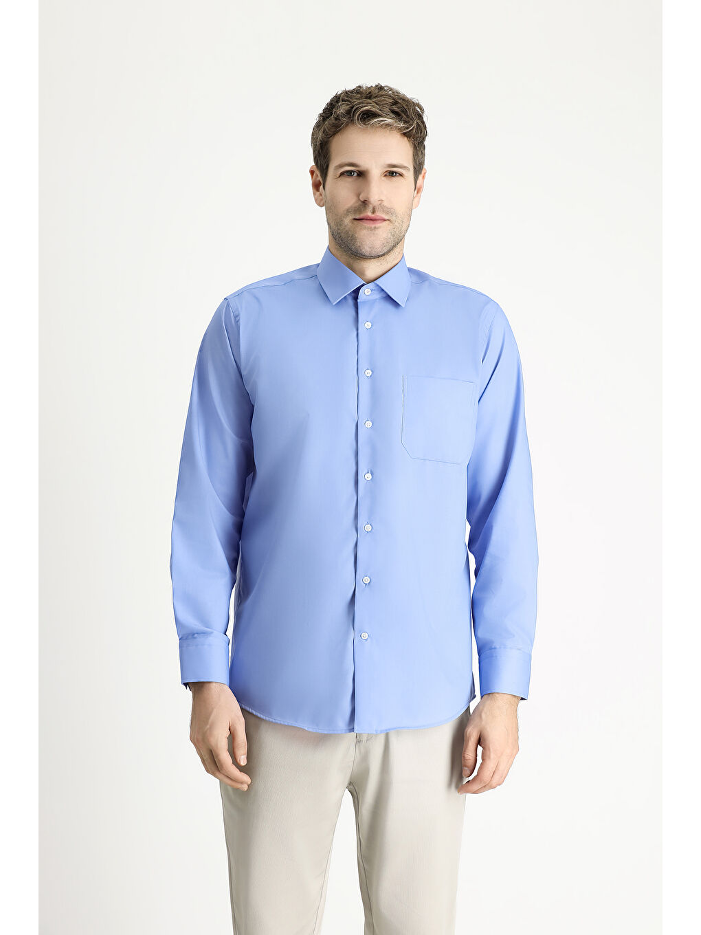 Mavi Uzun Kol Regular Fit Non Iron Ütü Gerektirmeyen Pamuklu Büyük Beden Gömlek-3