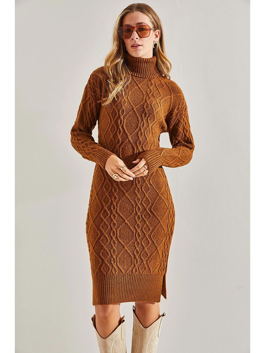 Kahverengi Kadın Saç Örgülü Balıkçı Yaka Triko Elbise-2