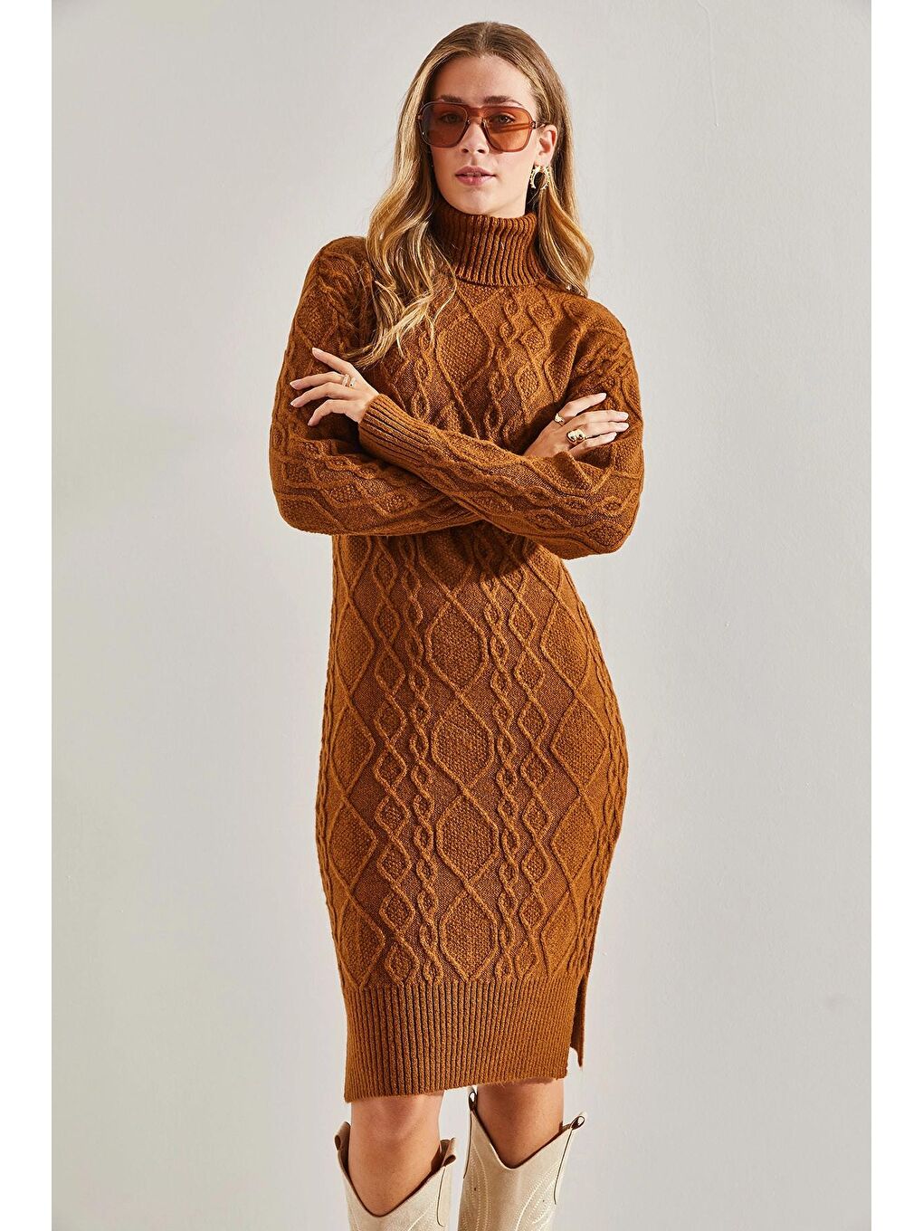 Kahverengi Kadın Saç Örgülü Balıkçı Yaka Triko Elbise-3