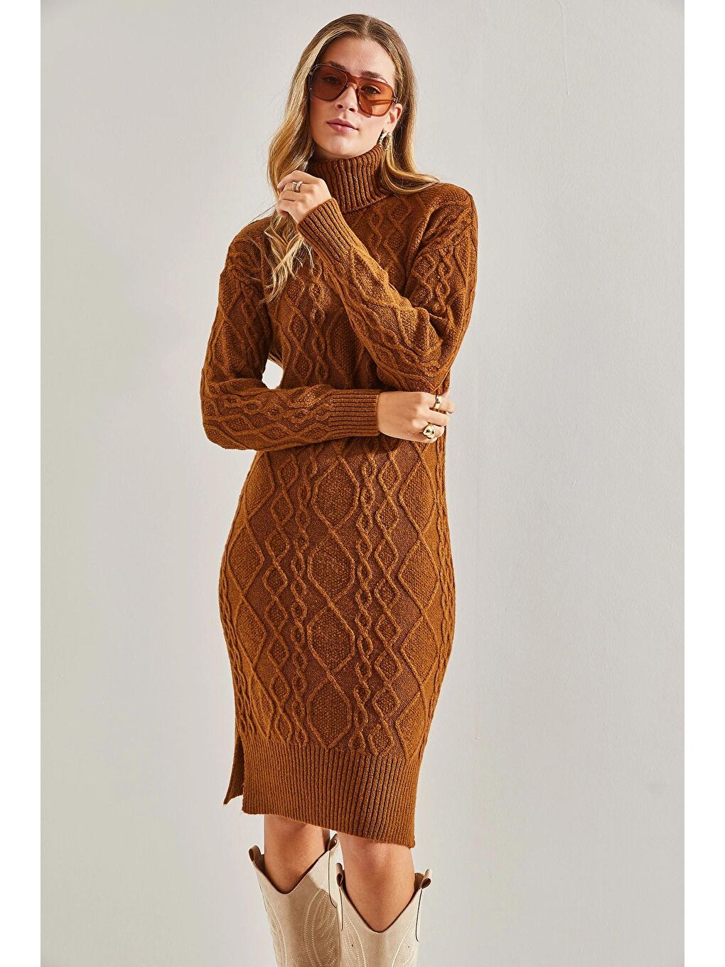 Kahverengi Kadın Saç Örgülü Balıkçı Yaka Triko Elbise-4