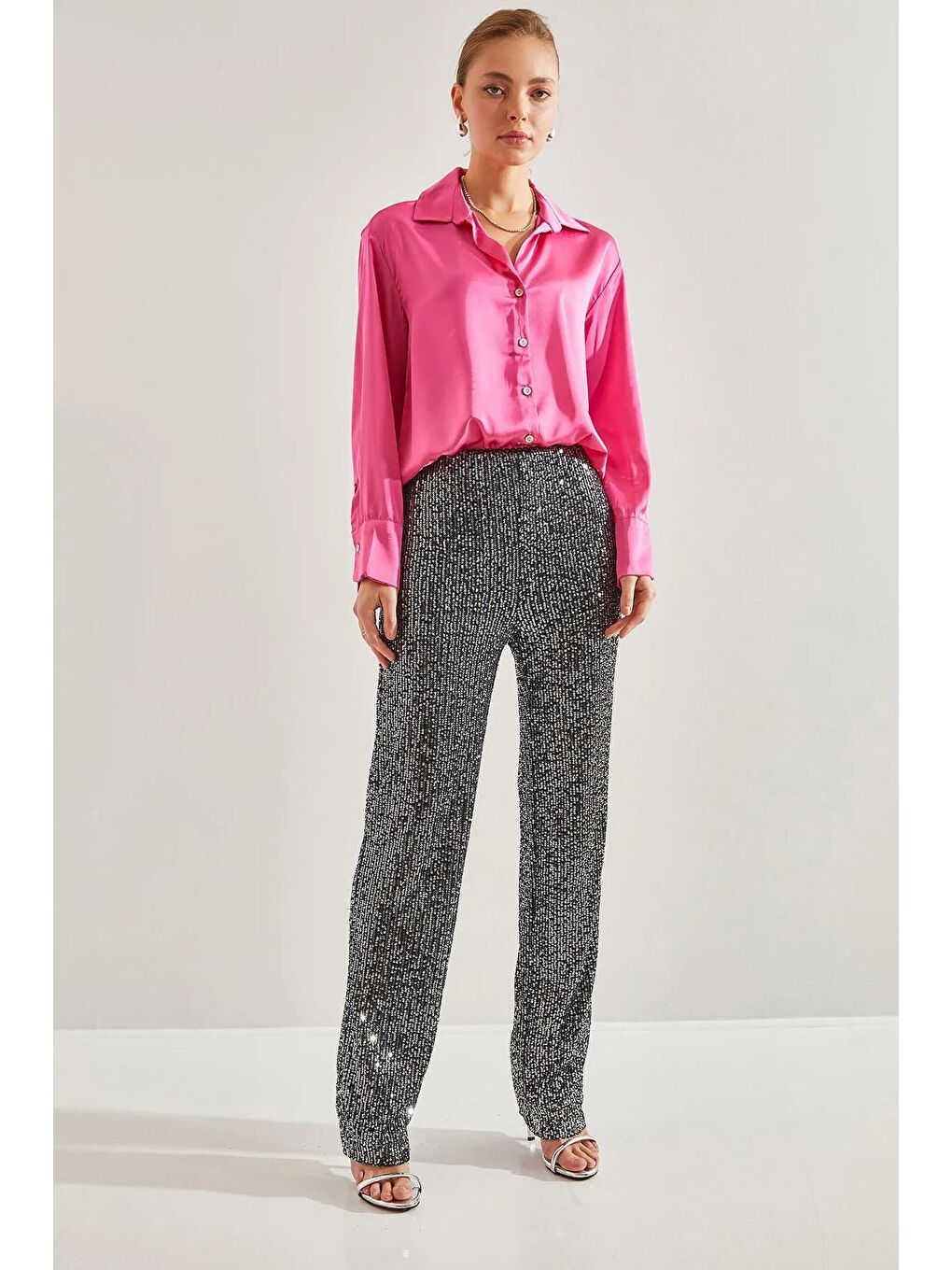 Beyaz Kadın Pul Payetli Pantolon