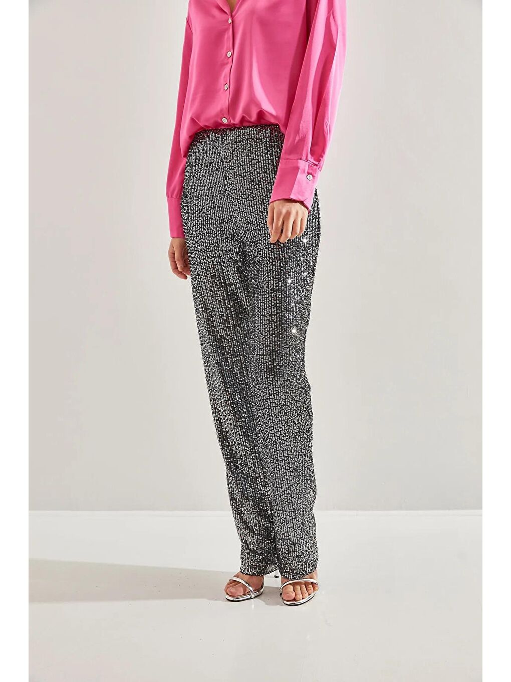 Beyaz Kadın Pul Payetli Pantolon-1