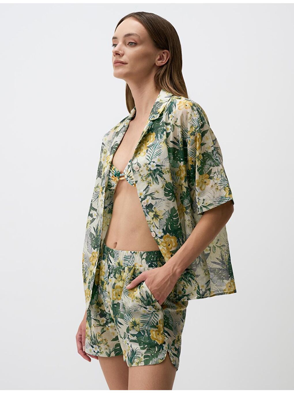 Yeşil Kısa Kollu Çiçekli Pamuklu Gömlek-2