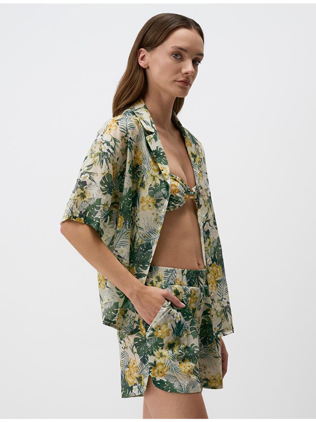 Yeşil Kısa Kollu Çiçekli Pamuklu Gömlek-3