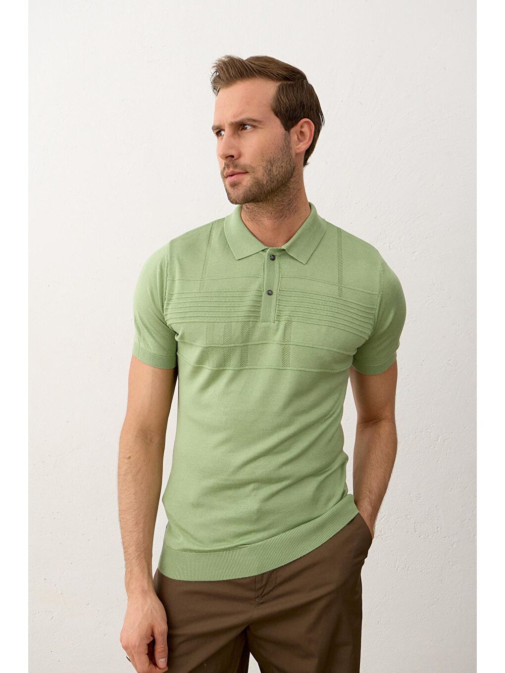 Danger Yeşil Erkek Çizgi Desenli Slim-Fit Kalıp Yazlık Triko Tişört - 1