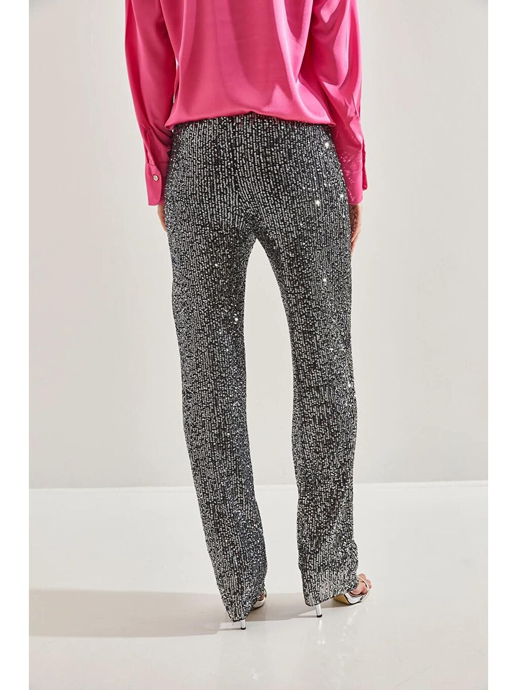 Beyaz Kadın Pul Payetli Pantolon-4