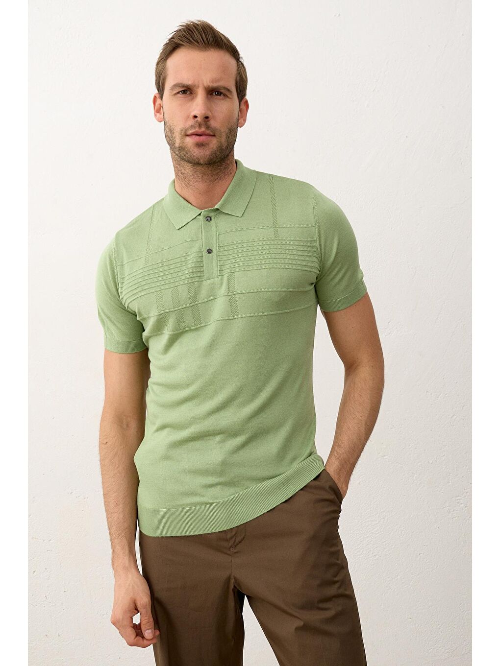 Danger Yeşil Erkek Çizgi Desenli Slim-Fit Kalıp Yazlık Triko Tişört - 2