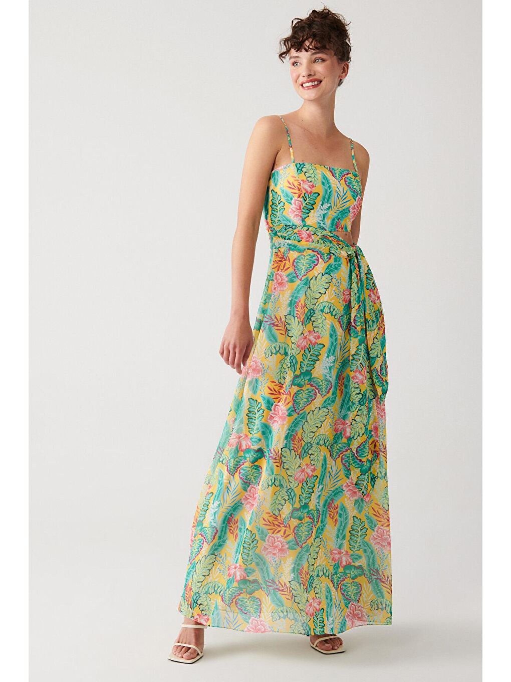 Yeşil Basklı Uzun Şifon Elbise-1