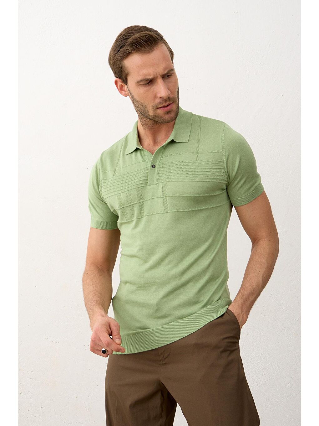 Danger Yeşil Erkek Çizgi Desenli Slim-Fit Kalıp Yazlık Triko Tişört - 4