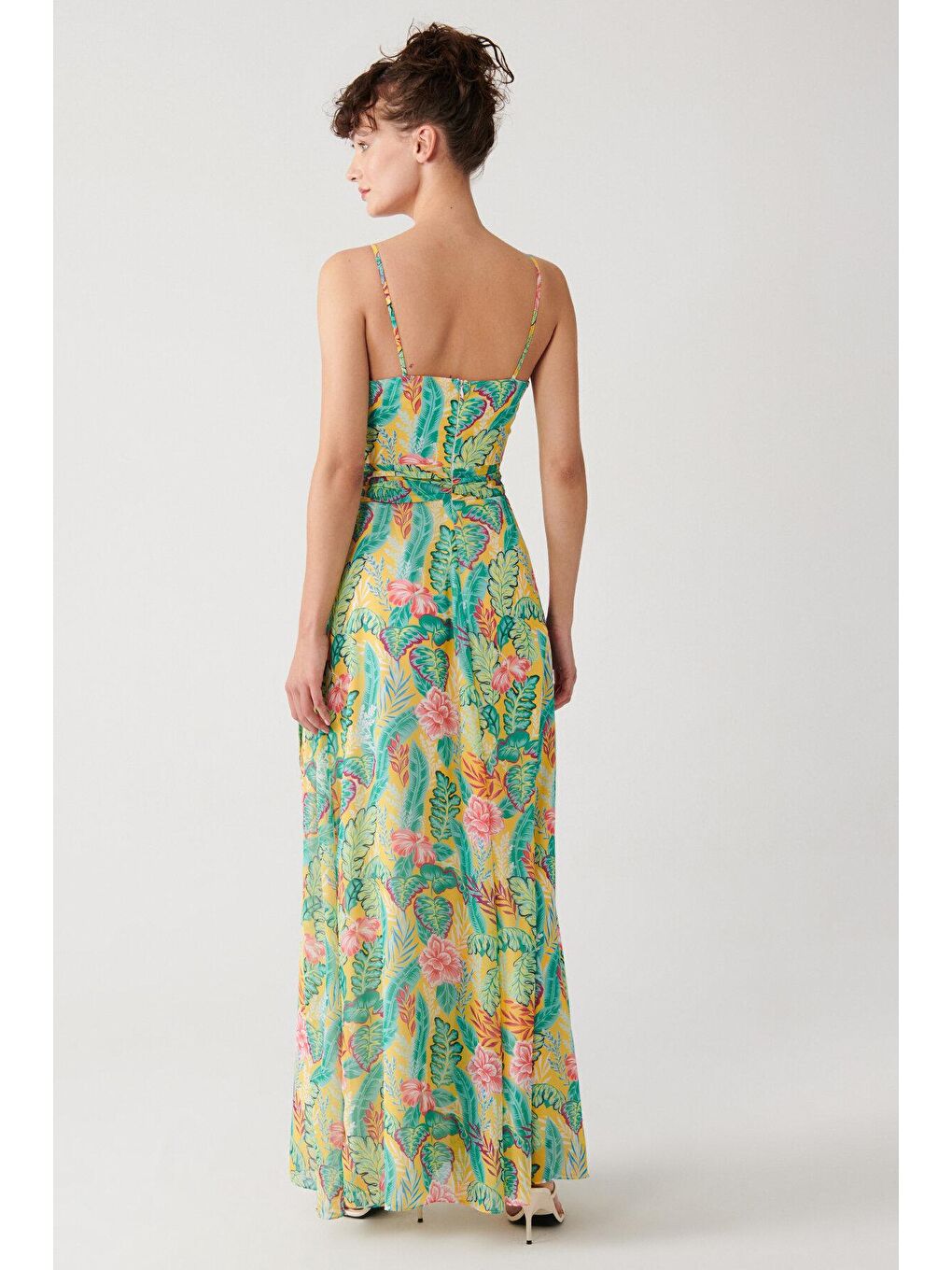 Yeşil Basklı Uzun Şifon Elbise-3