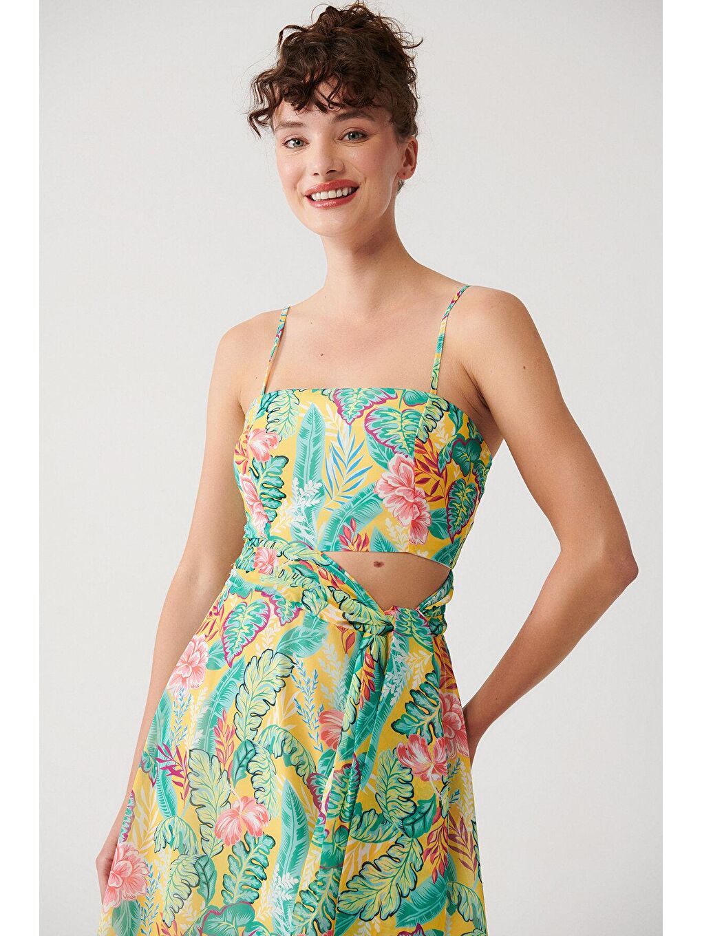 Yeşil Basklı Uzun Şifon Elbise-2