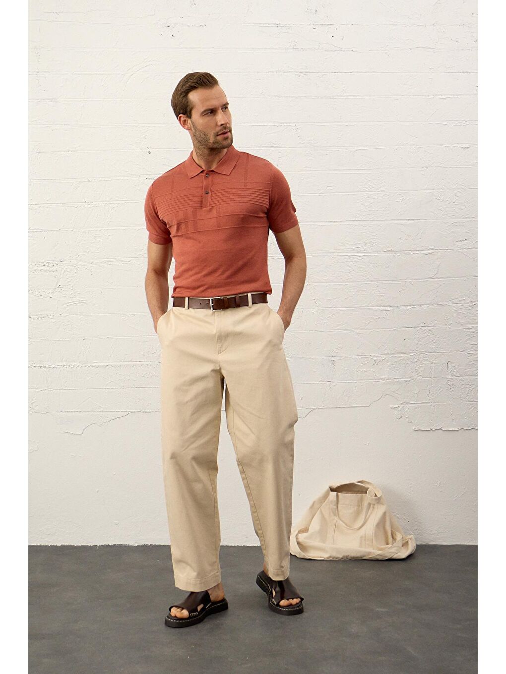 Kahverengi Erkek Çizgi Desenli Slim-Fit Yazlık Triko Tişört Tarçın-1