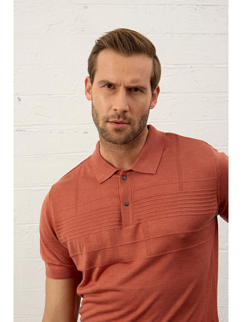 Kahverengi Erkek Çizgi Desenli Slim-Fit Yazlık Triko Tişört Tarçın-2