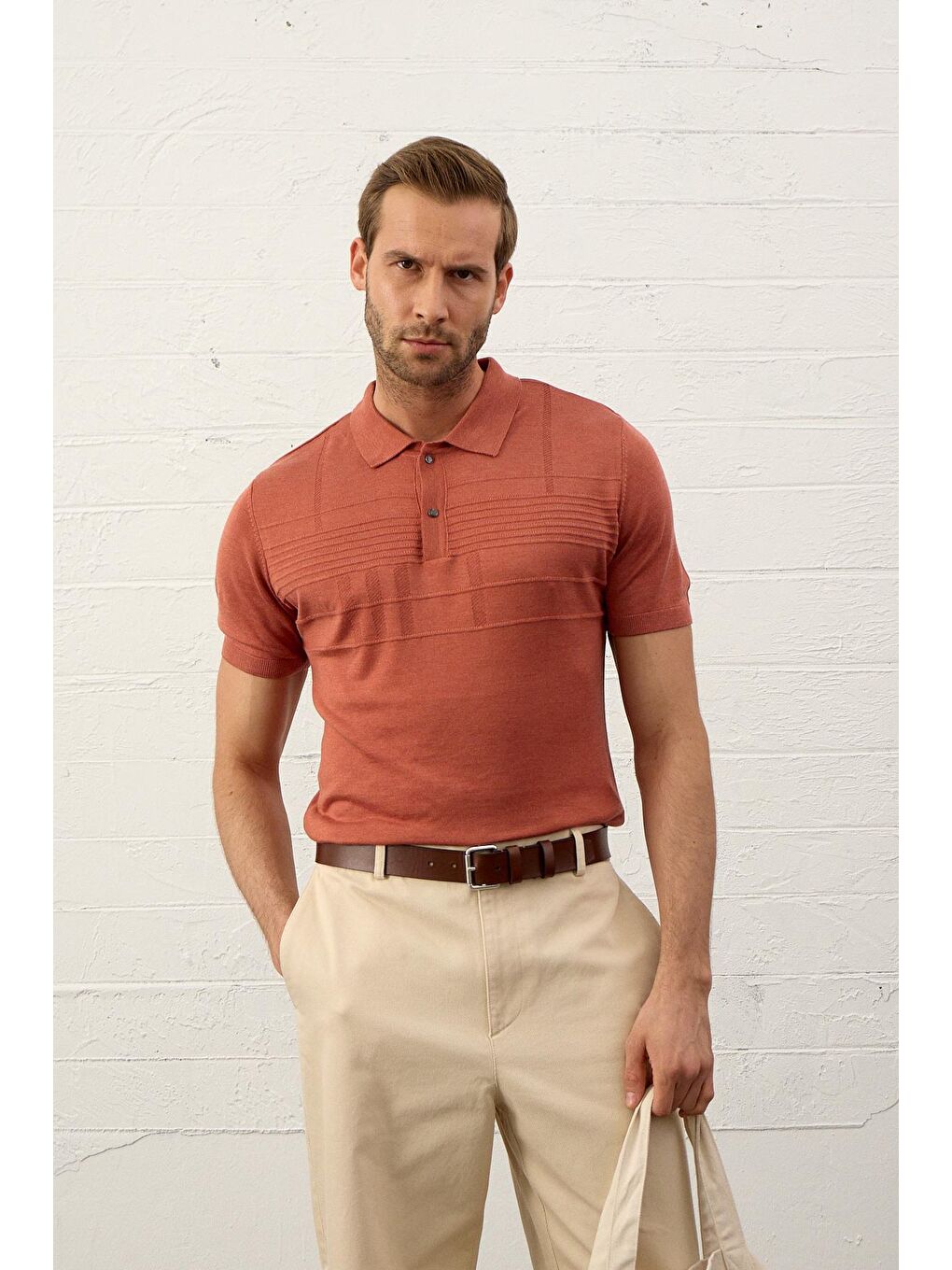 Kahverengi Erkek Çizgi Desenli Slim-Fit Yazlık Triko Tişört Tarçın-3