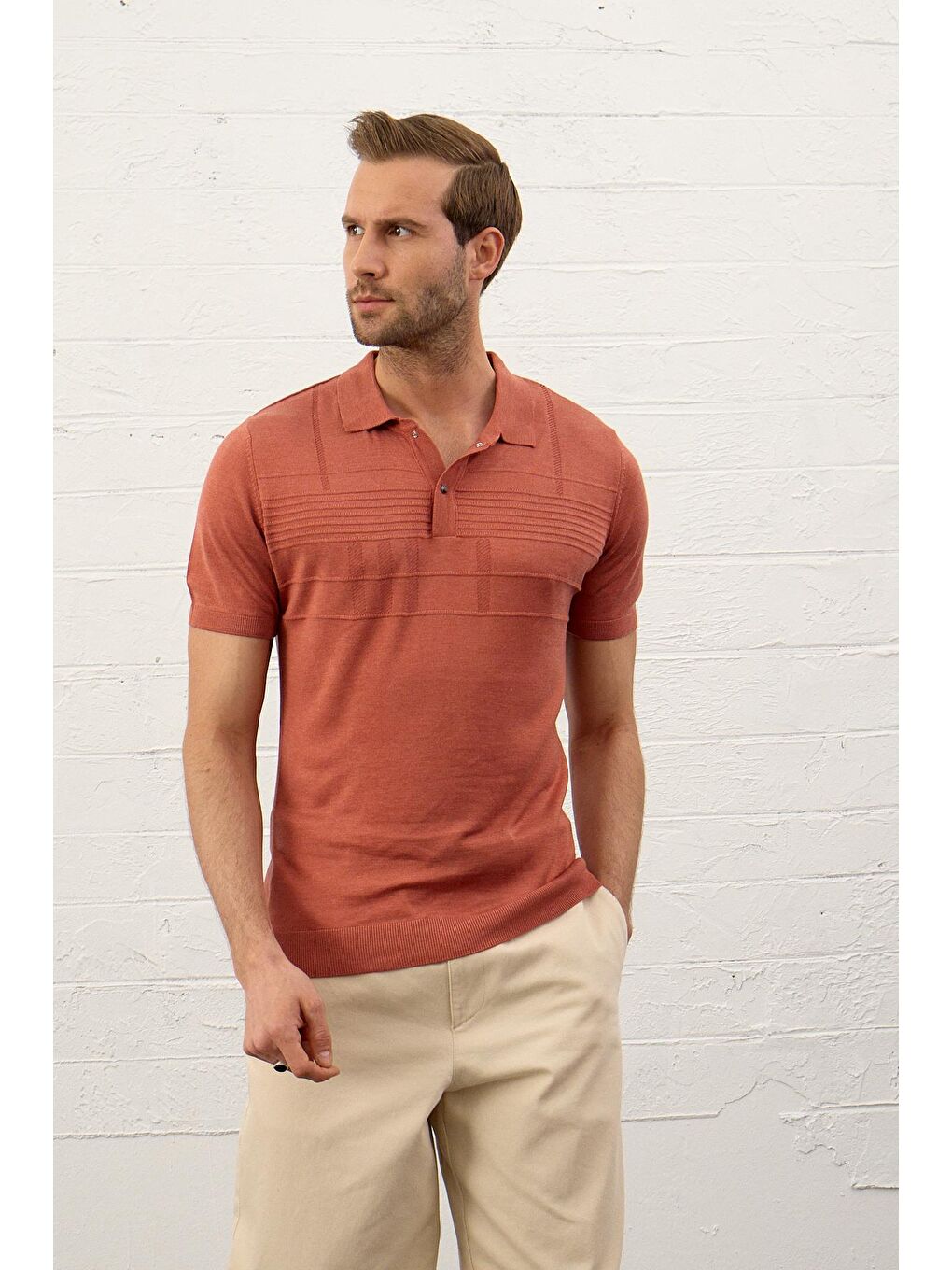 Kahverengi Erkek Çizgi Desenli Slim-Fit Yazlık Triko Tişört Tarçın-4