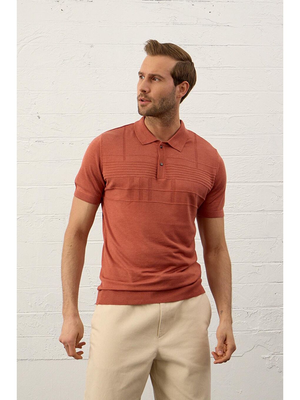 Kahverengi Erkek Çizgi Desenli Slim-Fit Yazlık Triko Tişört Tarçın-6