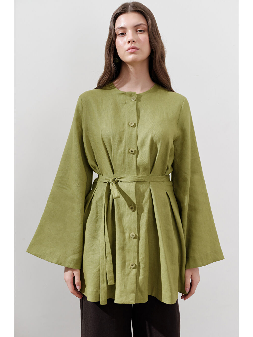 Karışık Keten Pensli Tunik Elma Yeşili