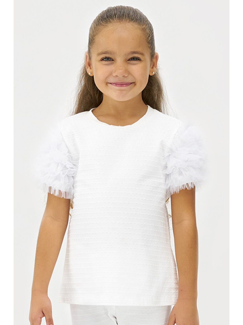 Beyaz Kız Çocuk Özel Dokulu Kumaşlı Taytlı Takım-1