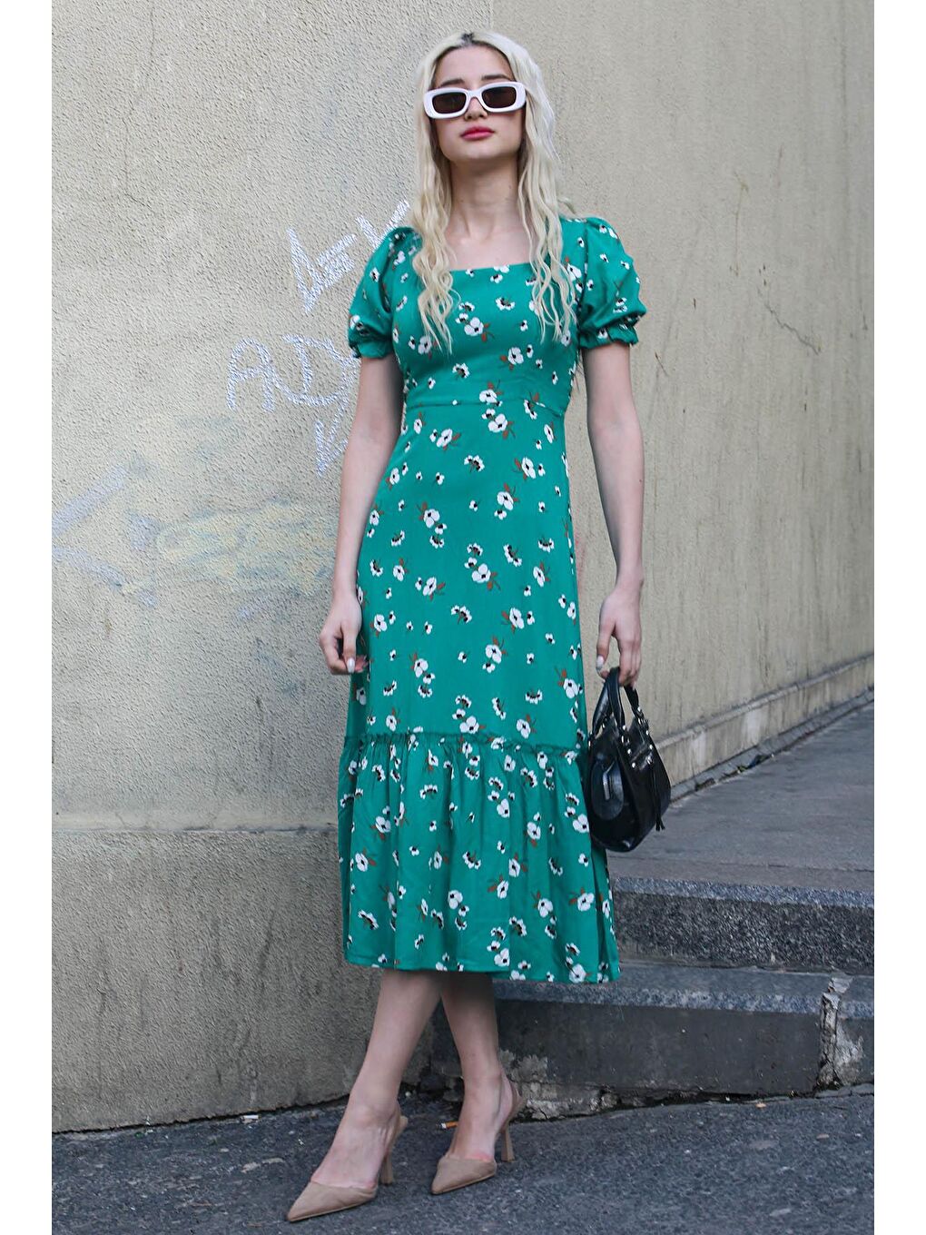 Yeşil Çiçek Desenli Balon Kol Midi Elbise Mg1820-1