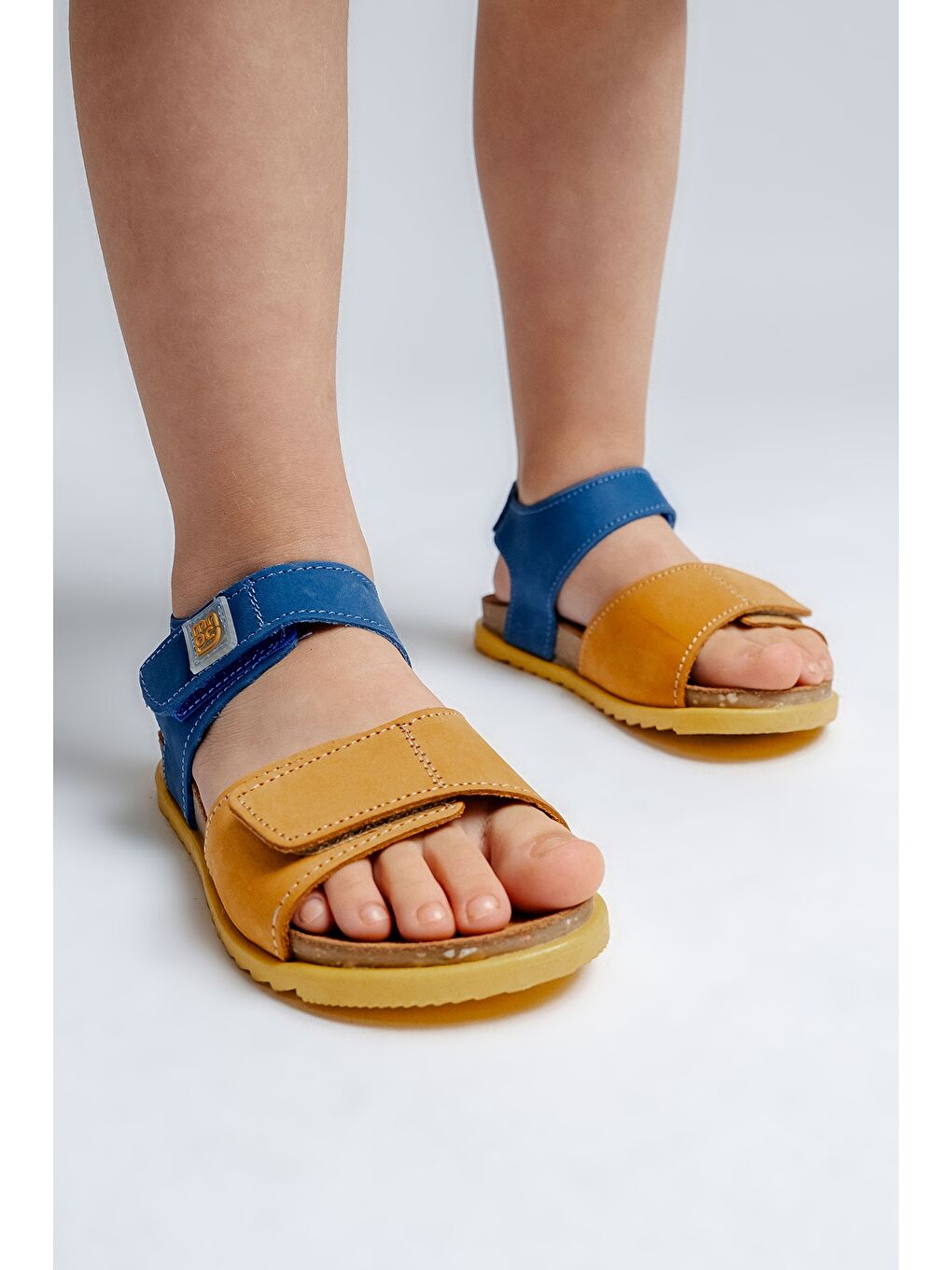 Unisex Çocuk Sarı-Saks Hakiki Deri Mantar Tabanlı Günlük Çocuk Sandalet-1