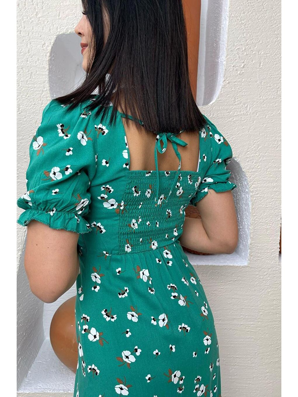 Yeşil Çiçek Desenli Balon Kol Midi Elbise Mg1820-2