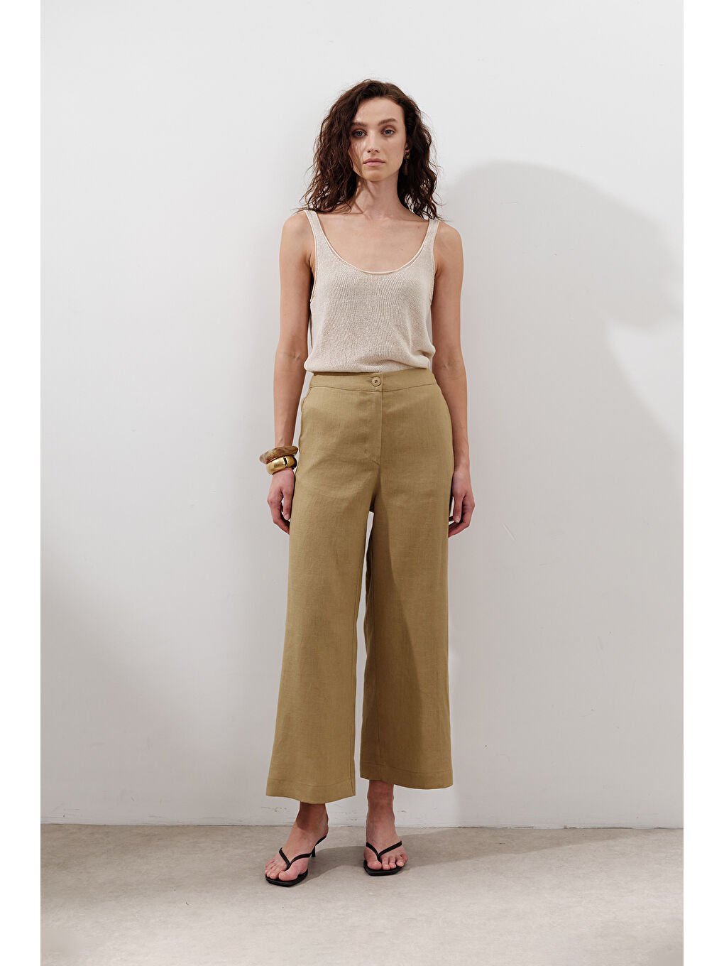 Sarı Keten Geniş Paça Pantolon Köri-2