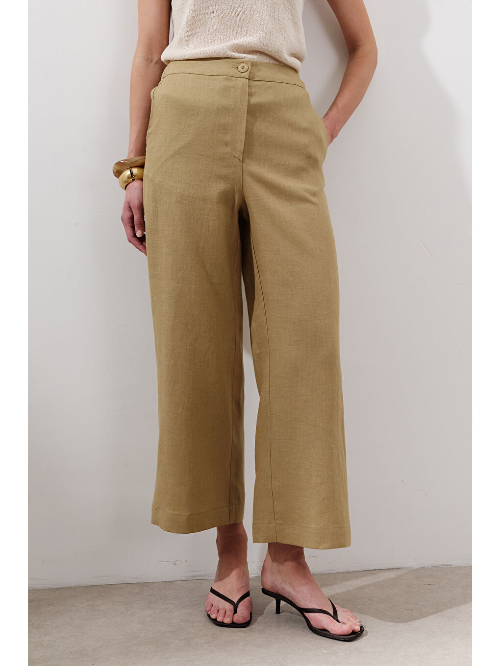 Sarı Keten Geniş Paça Pantolon Köri-3