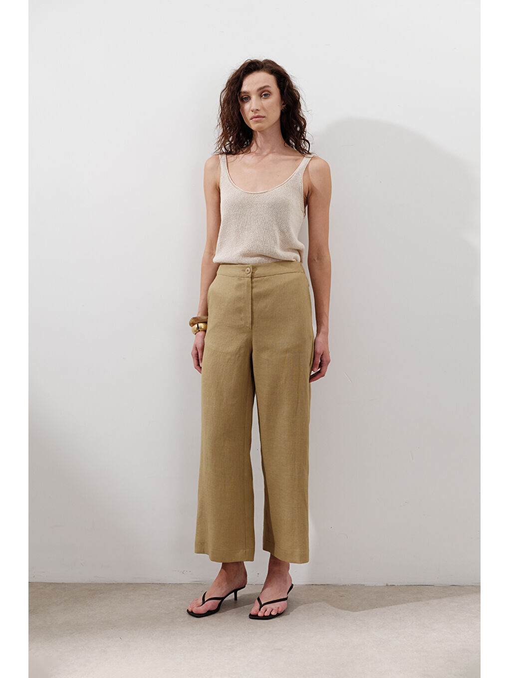 Sarı Keten Geniş Paça Pantolon Köri-4