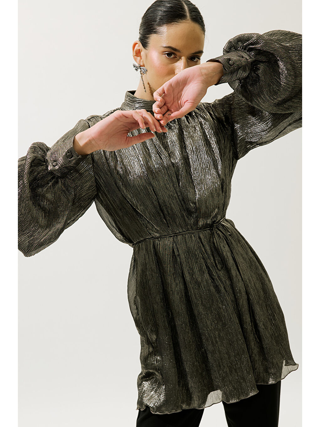 Karışık Volanlı Işıltılı Tunik Gold-1