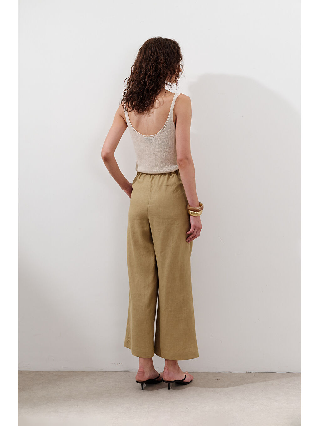 Sarı Keten Geniş Paça Pantolon Köri-6