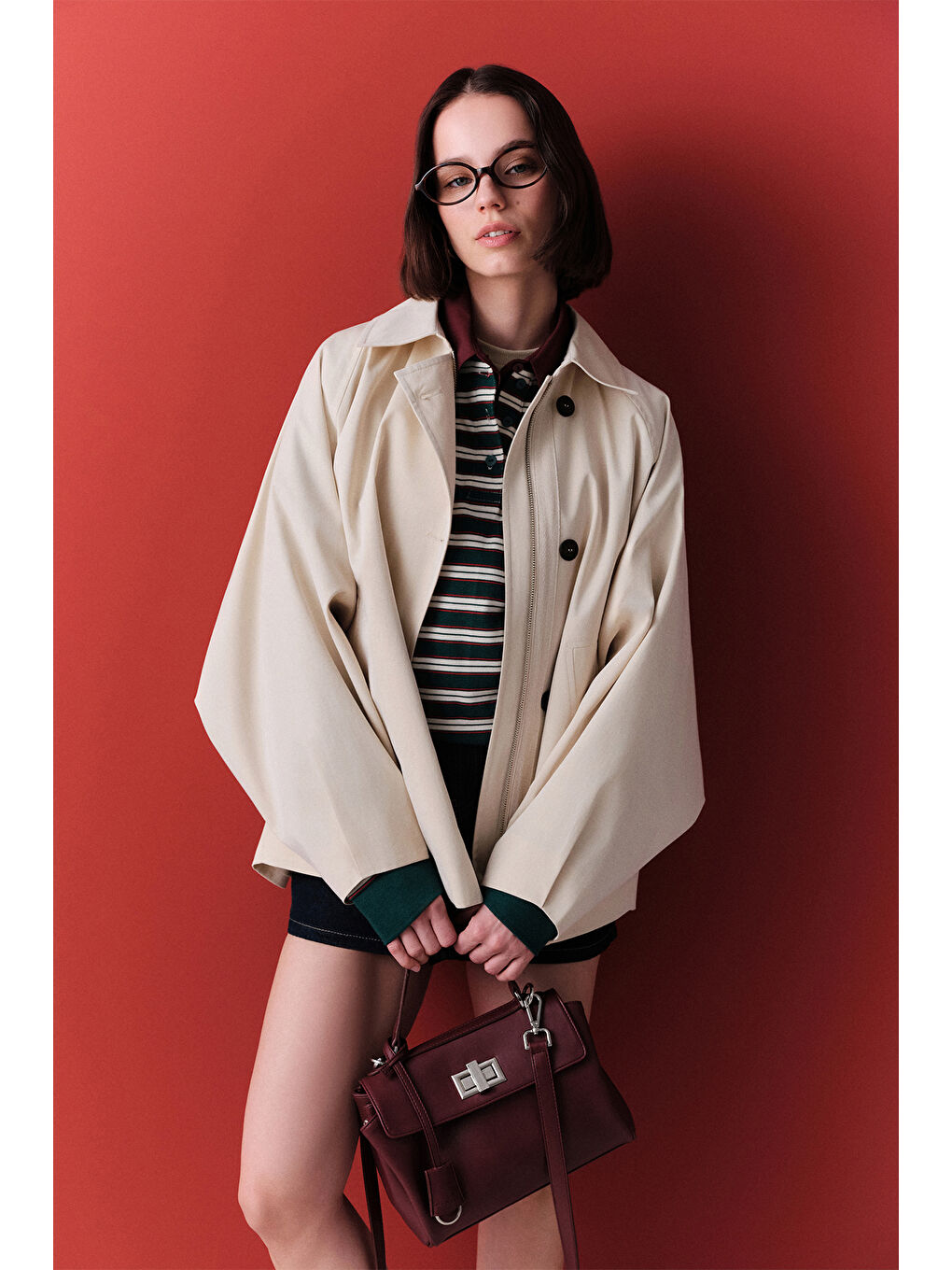 Ekru Pelerin Kol Kısa Trençkot Tereyağı-1